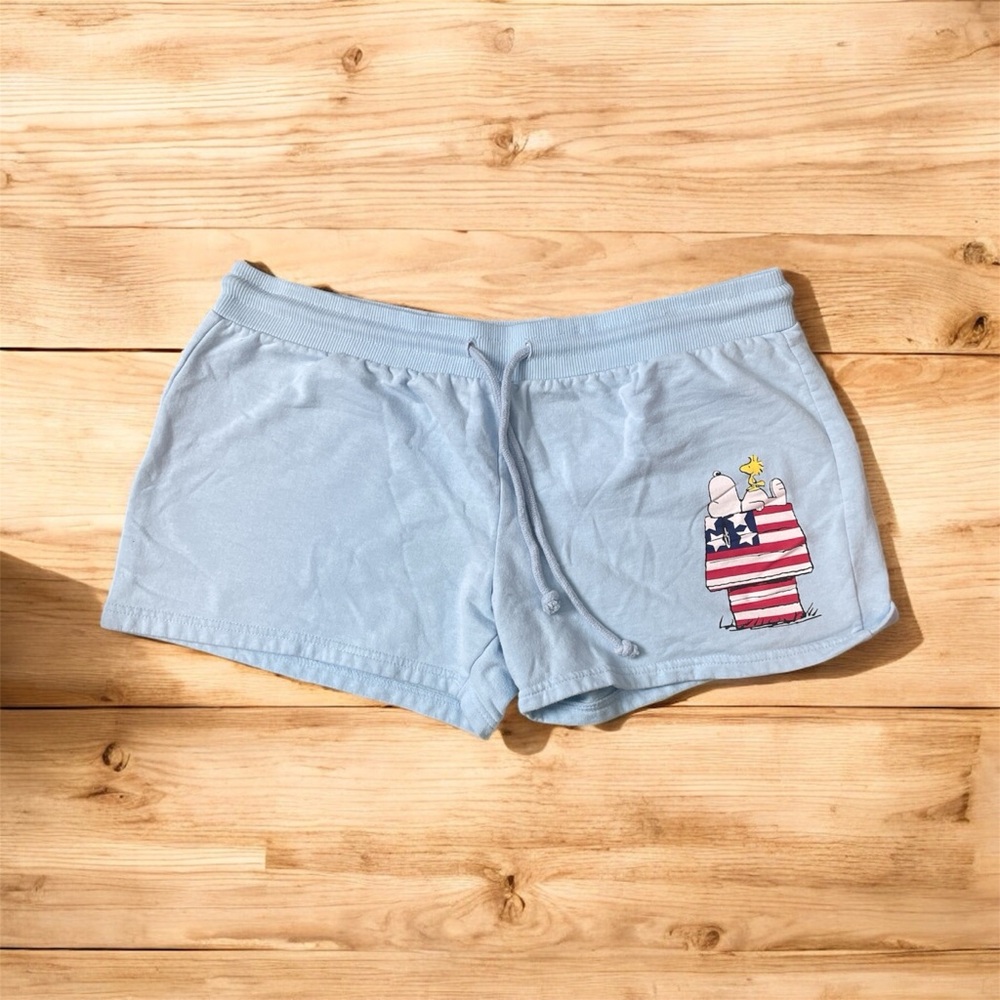 Peanuts Light Blue Women's Athletic Shorts with Snoopy and American flag house